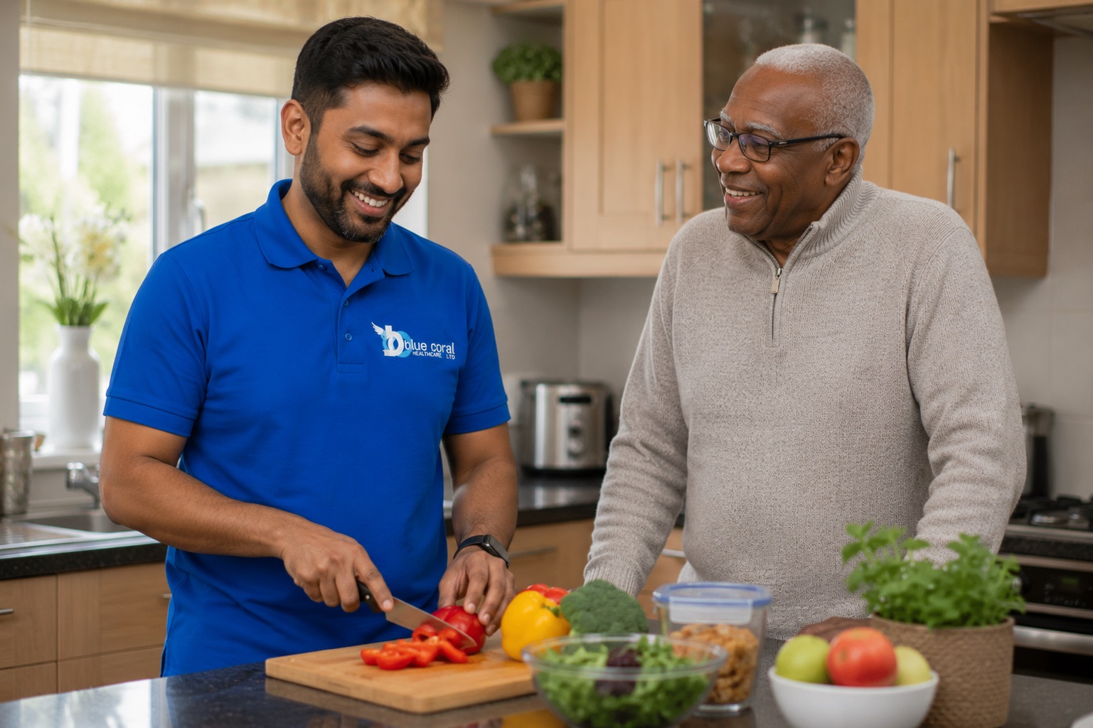 Blue Coral Healthcare carer preparing a meal for an elderly client at home