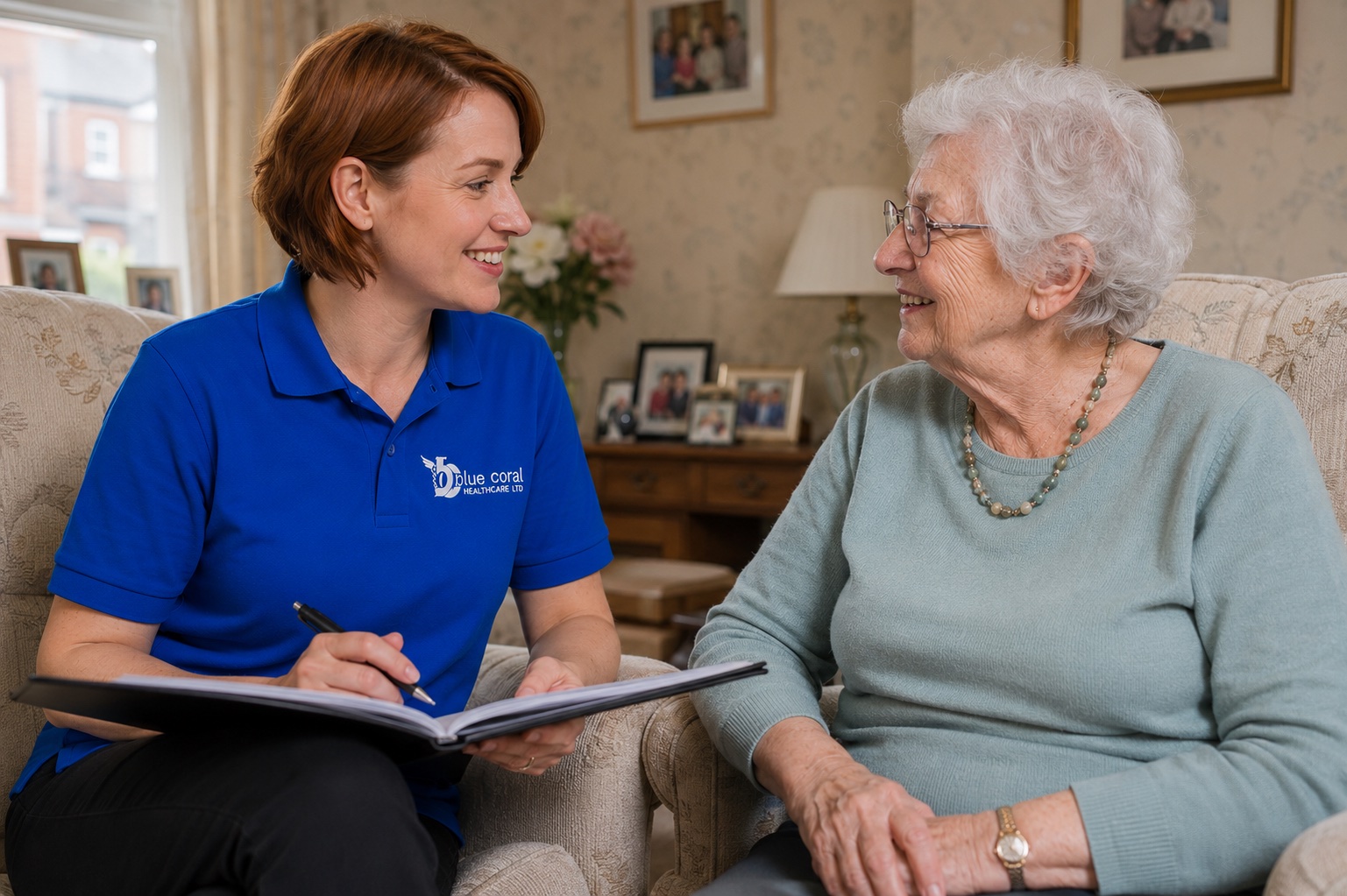 Blue Coral Healthcare carer discussing a bespoke, personalised care plan with an elderly woman in Sheffield