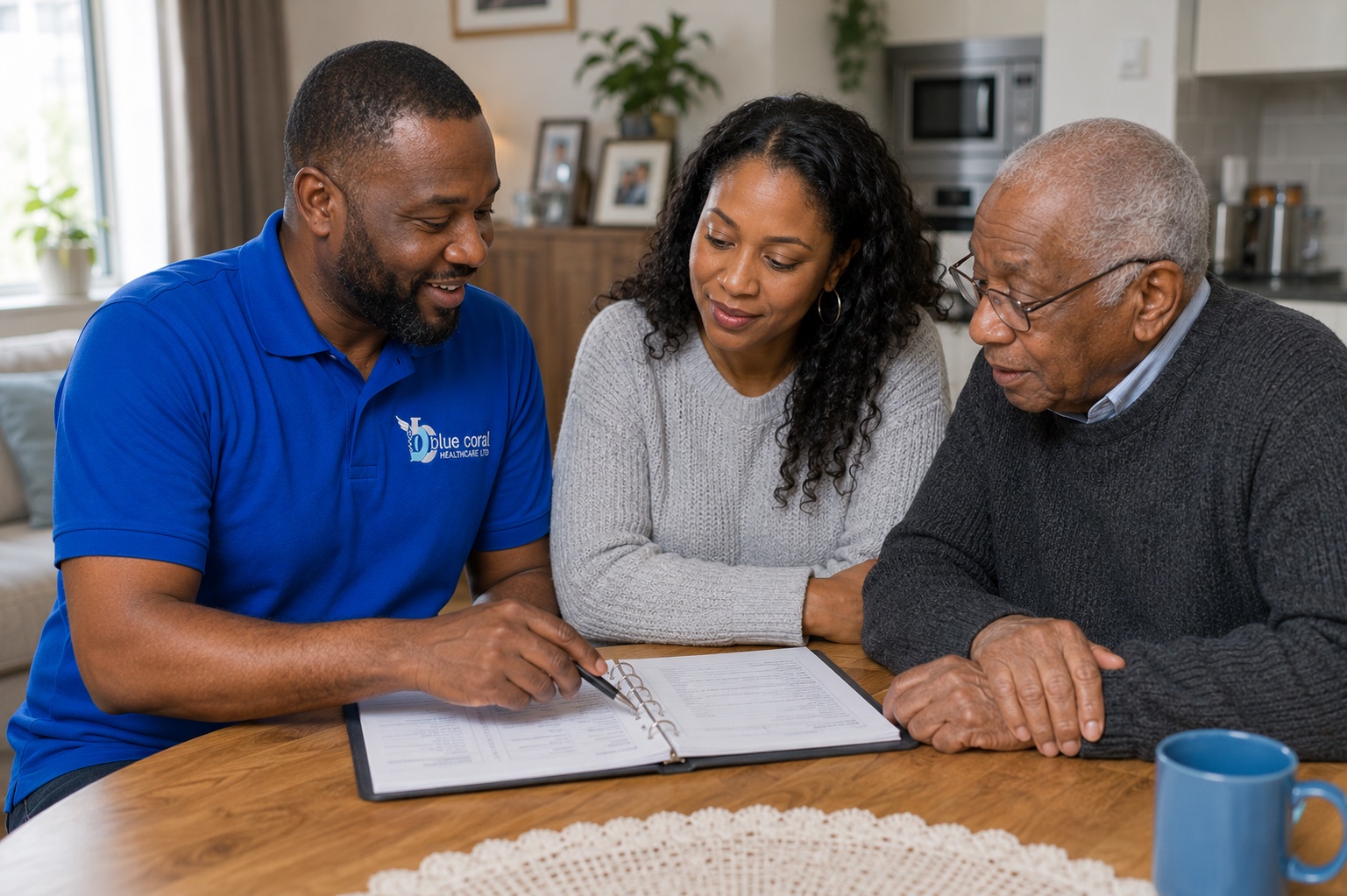 Blue Coral Healthcare carer creating a tailored care plan with a Sheffield family at home