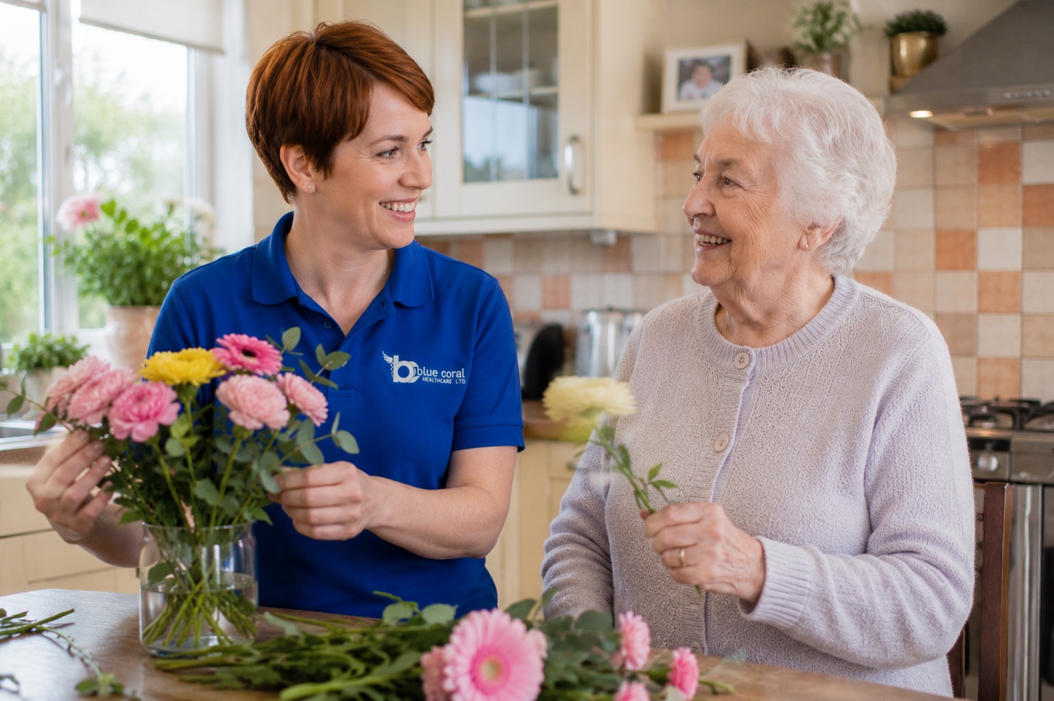 Blue Coral Healthcare carer providing domestic support in an elderly woman's kitchen in Sheffield