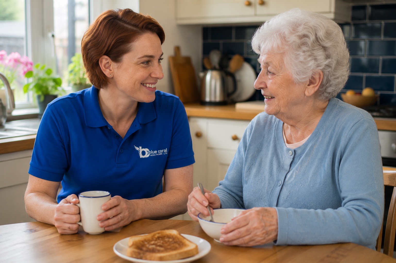Blue Coral Healthcare live-in carer sharing breakfast with an elderly woman at home in Sheffield