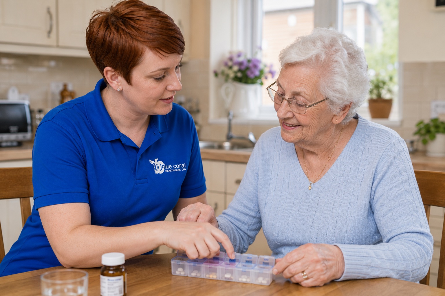Blue Coral Healthcare carer helping an elderly woman organise her medication safely at home in Sheffield
