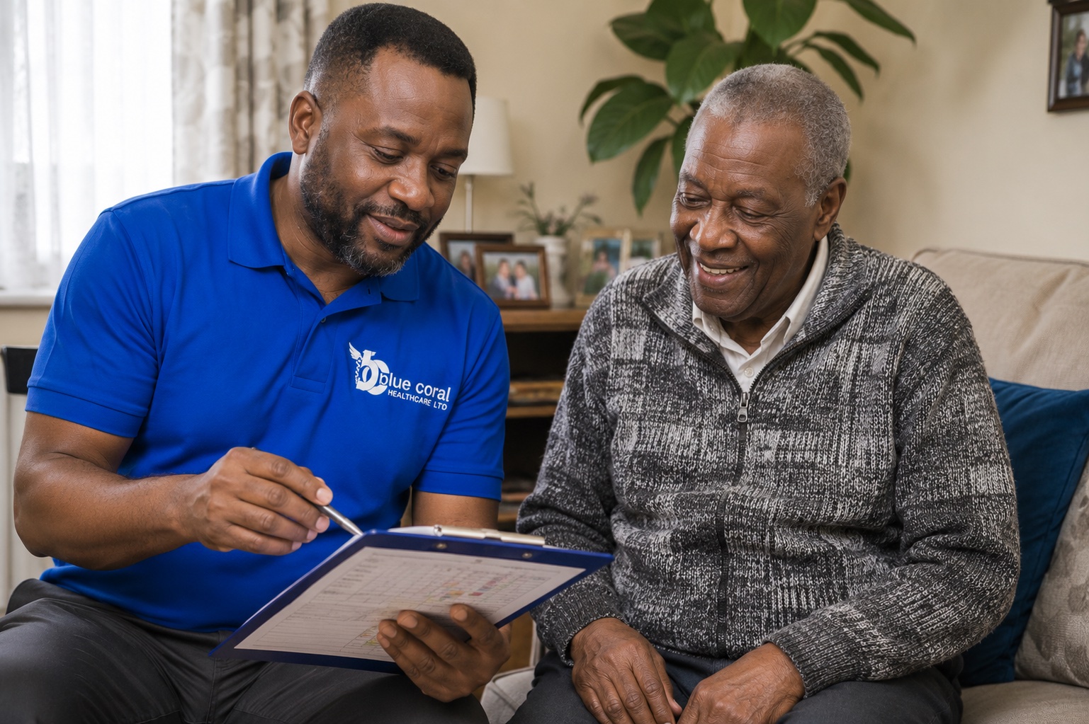 Blue Coral Healthcare carer checking a medication chart during medication support at home in Sheffield