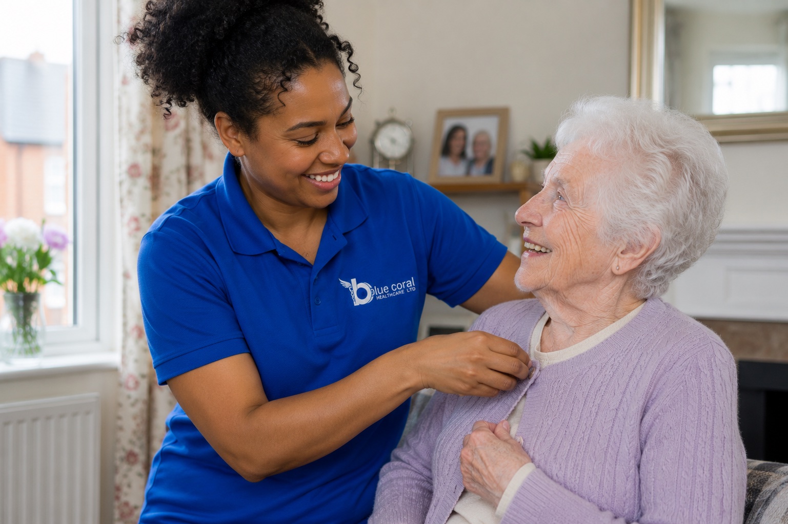 Blue Coral Healthcare carer providing dignified personal care to an elderly woman at home in Sheffield