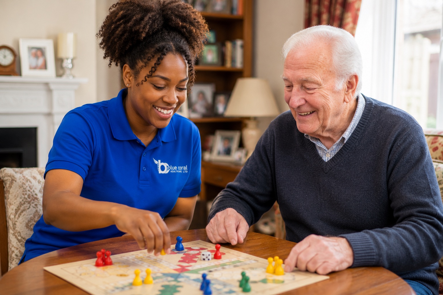 Blue Coral Healthcare carer enjoying an activity with an elderly man during respite care in Sheffield