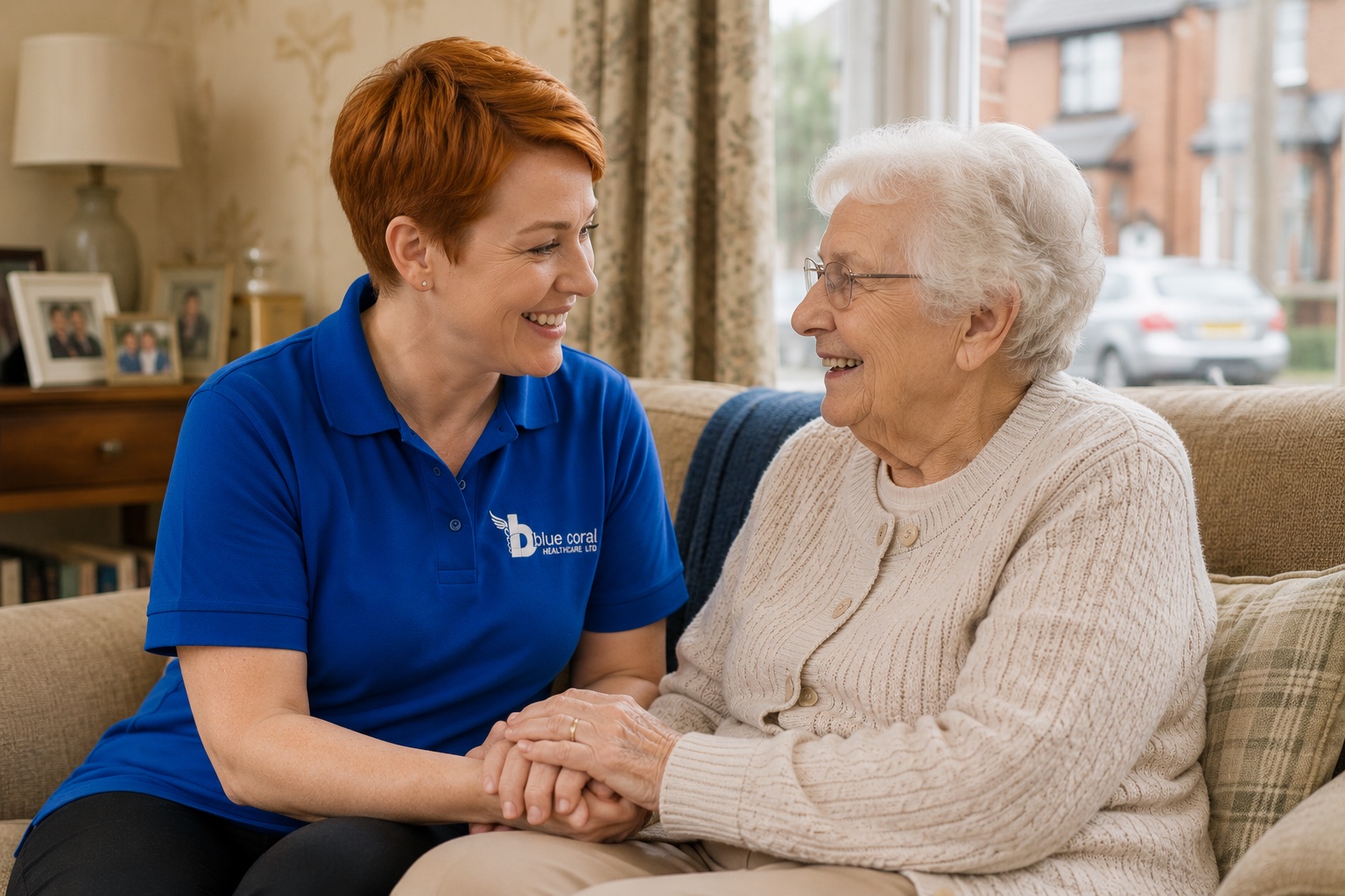 Blue Coral Healthcare carer sharing a trusting moment with a grateful elderly client