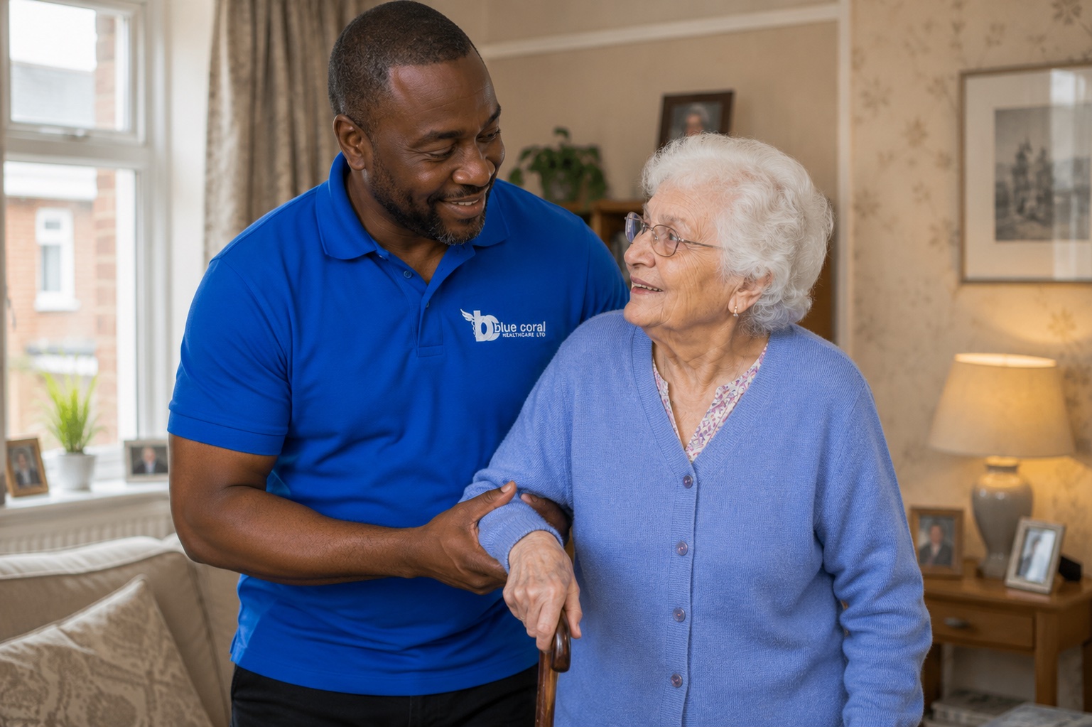 Blue Coral Healthcare carer supporting an elderly client at home