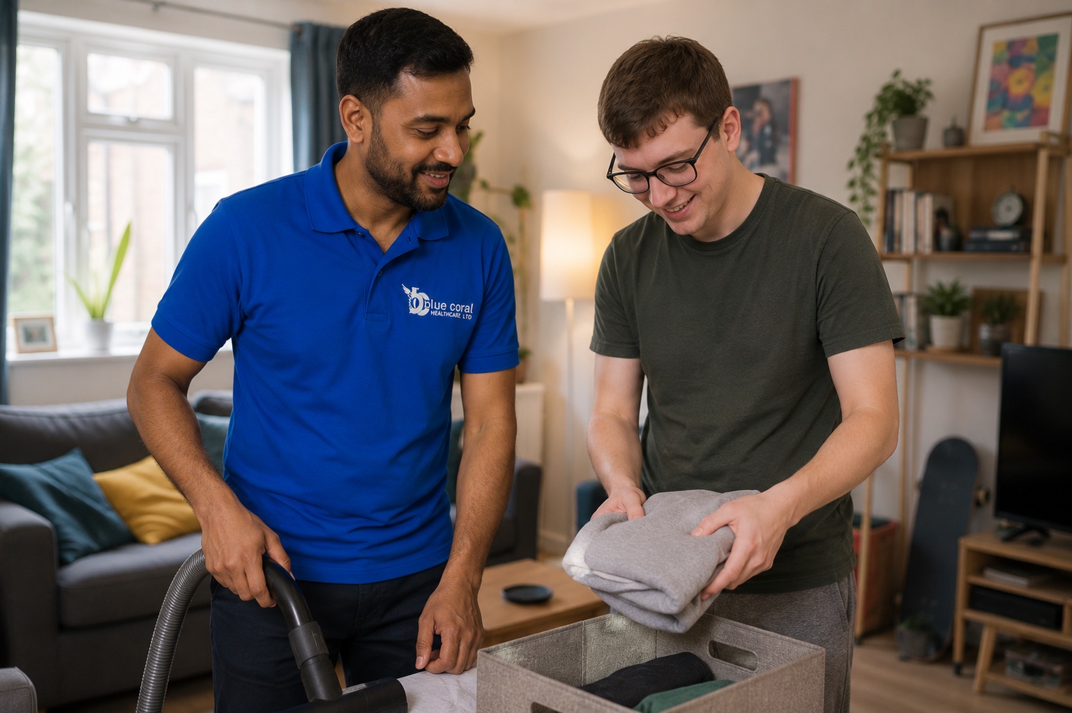 Blue Coral Healthcare carer supporting a young adult with meal preparation in their own Sheffield home