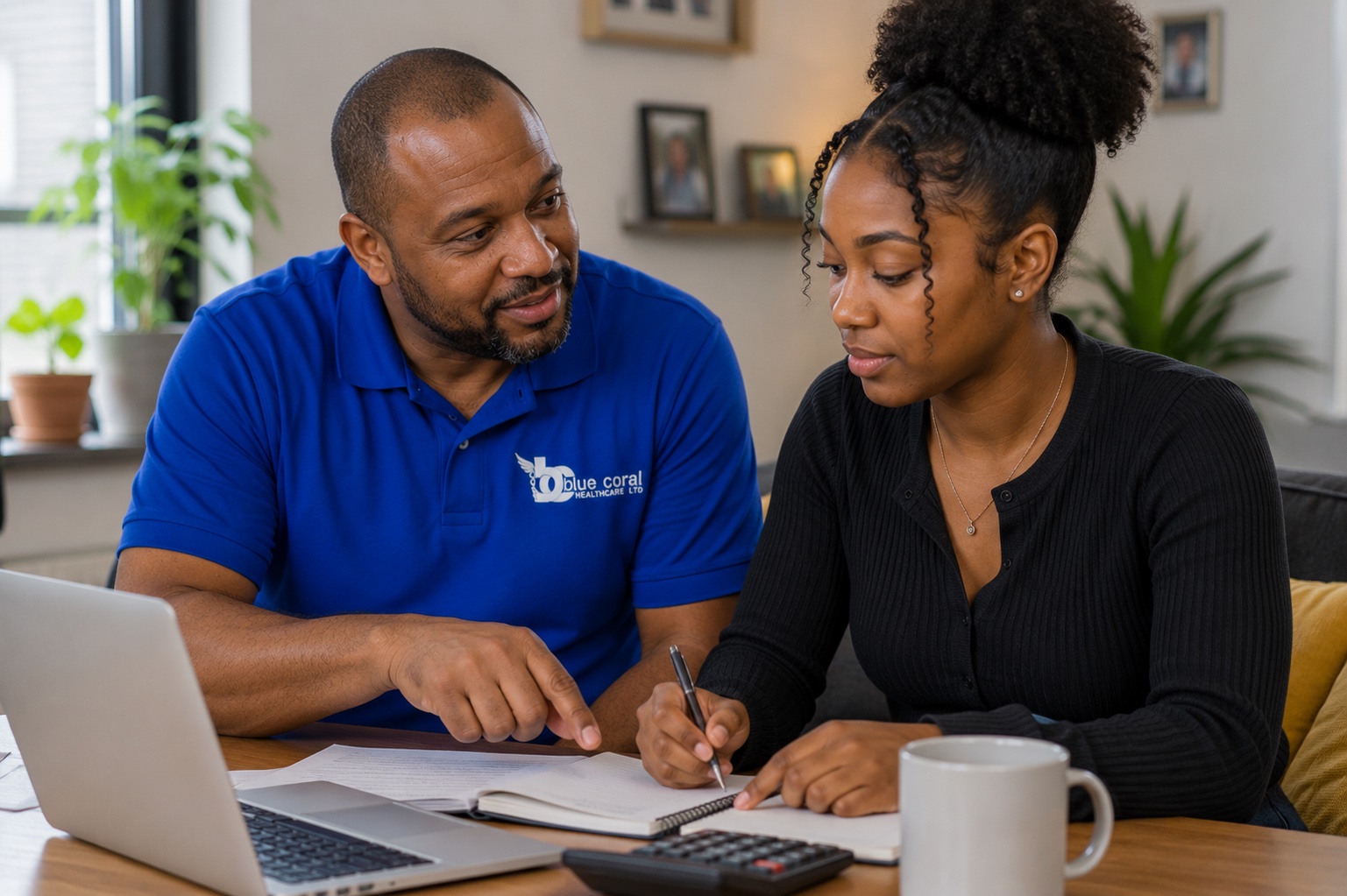 Blue Coral Healthcare support worker helping a young adult develop life skills at home in Sheffield